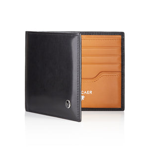 Luxury calfskin leather wallet in black and orange - 8 card slot