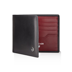 Luxury calfskin leather wallet in black and burgundy - 8 card slot