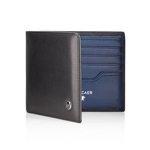 Luxury calfskin leather wallet in black and blue - 8 card slot